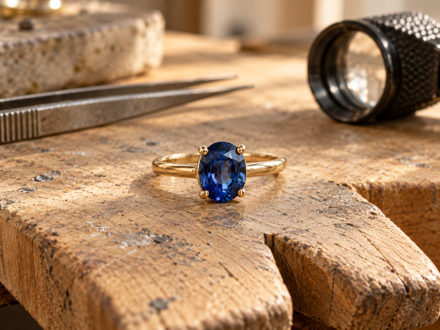 A single bespoke sapphire ring on a jewellery workbench