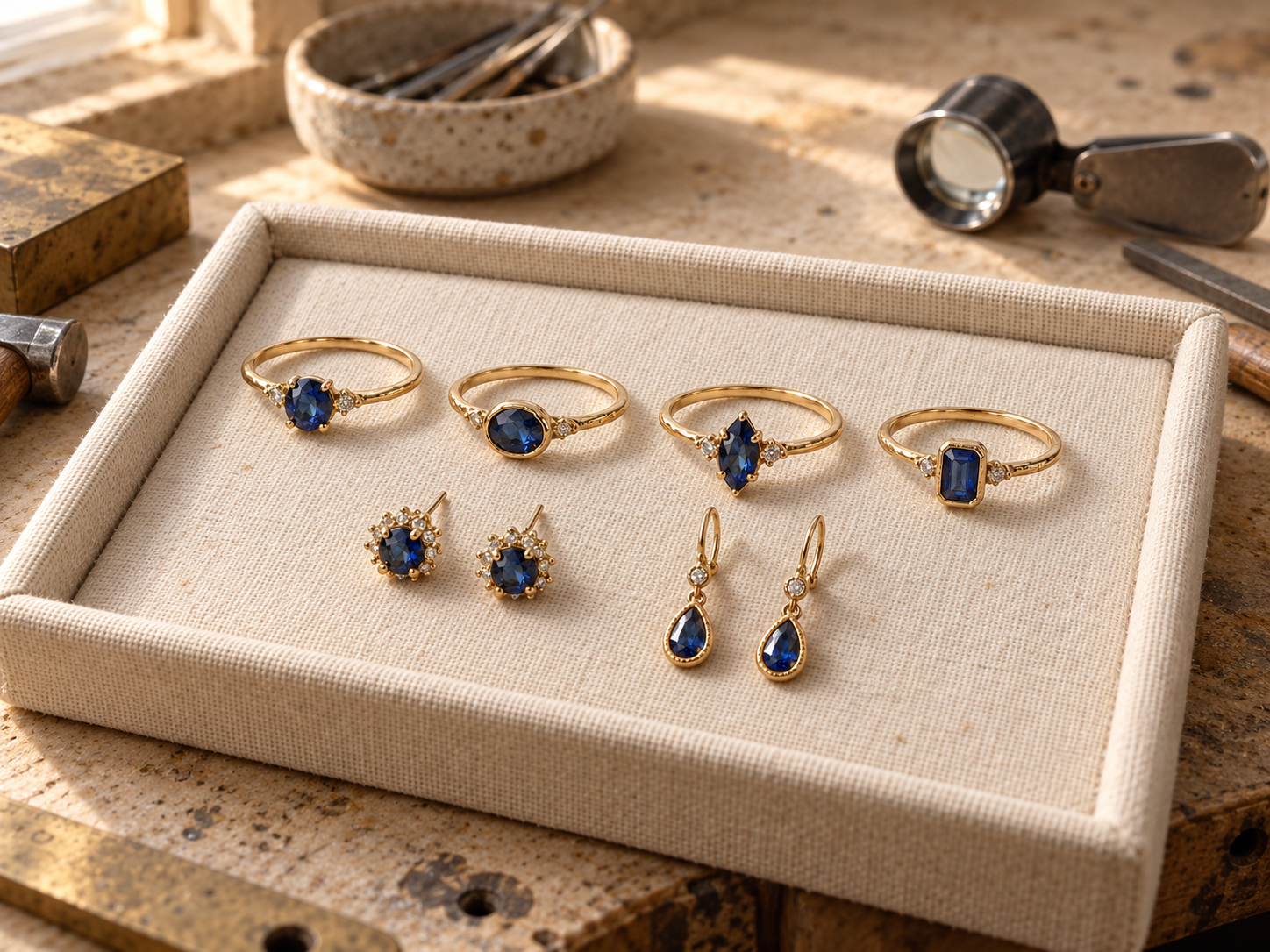 Sapphire jewelry and tools on a jeweller's workbench