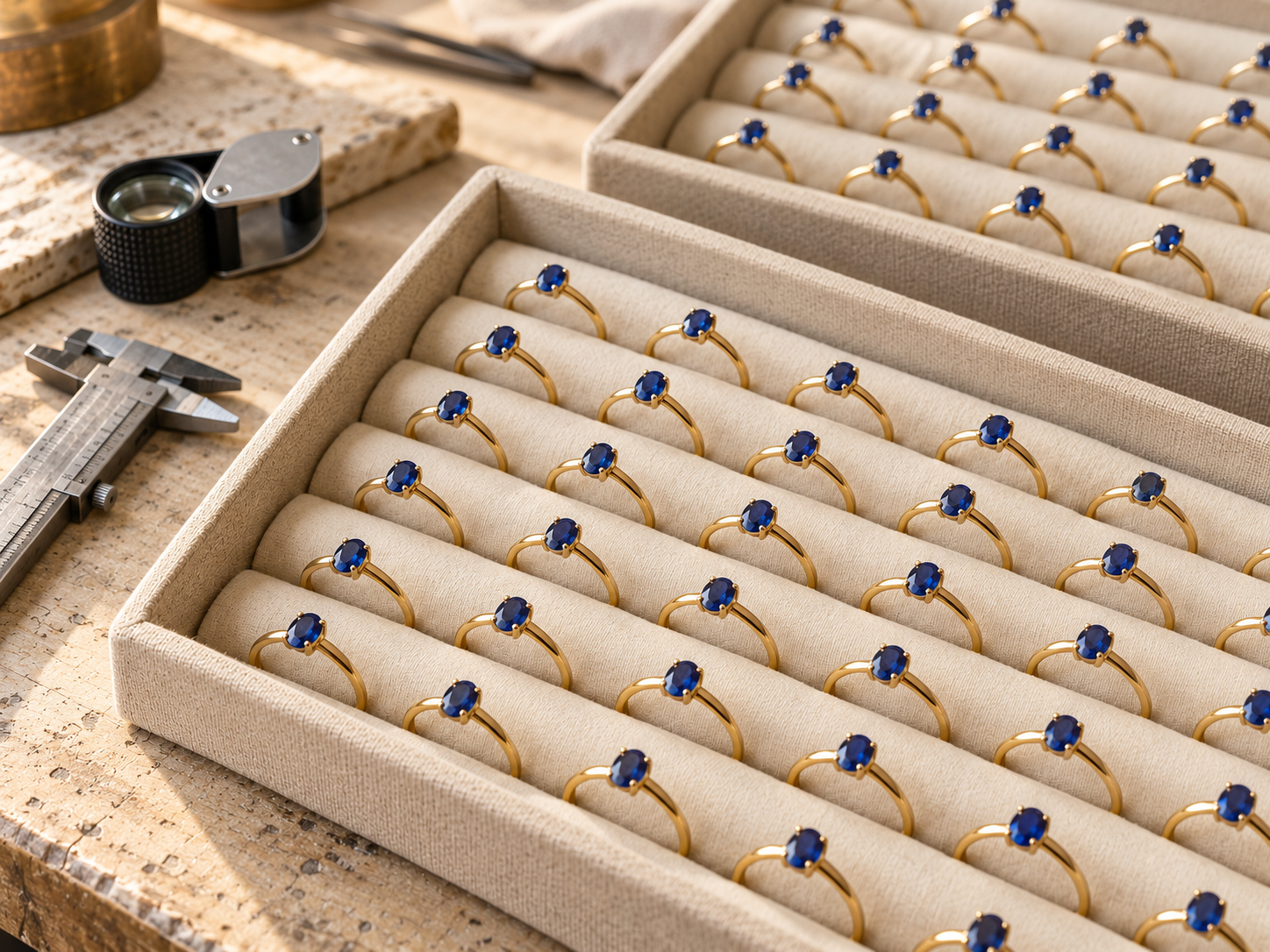 Matching sapphire rings arranged in production trays