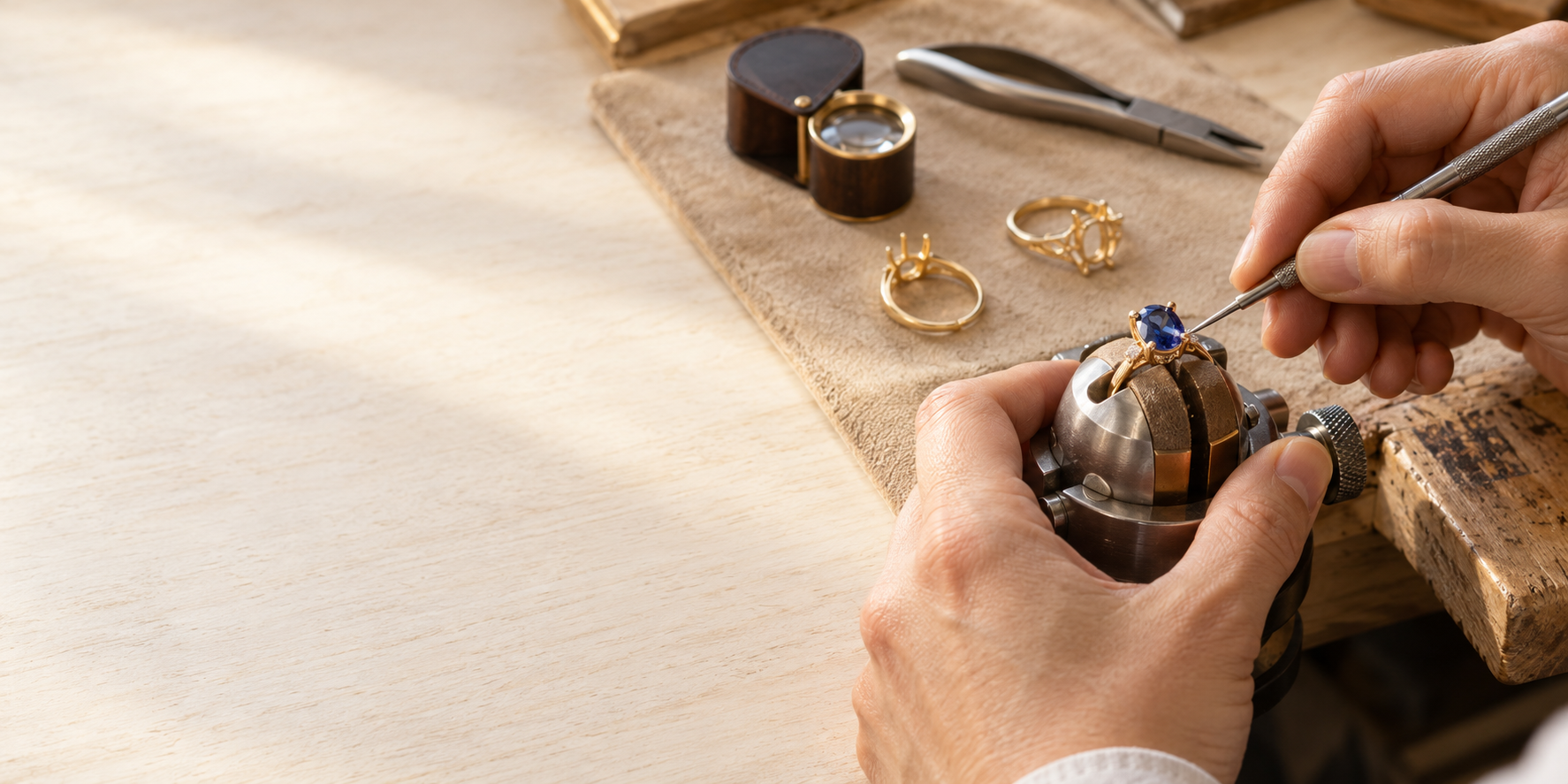 A goldsmith setting a blue sapphire into a gold ring at a jewelry workbench