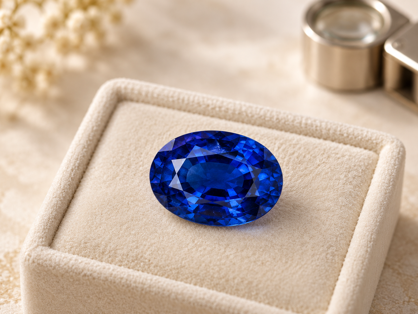 Illustrative loose royal-blue oval sapphire on a collector's presentation tray