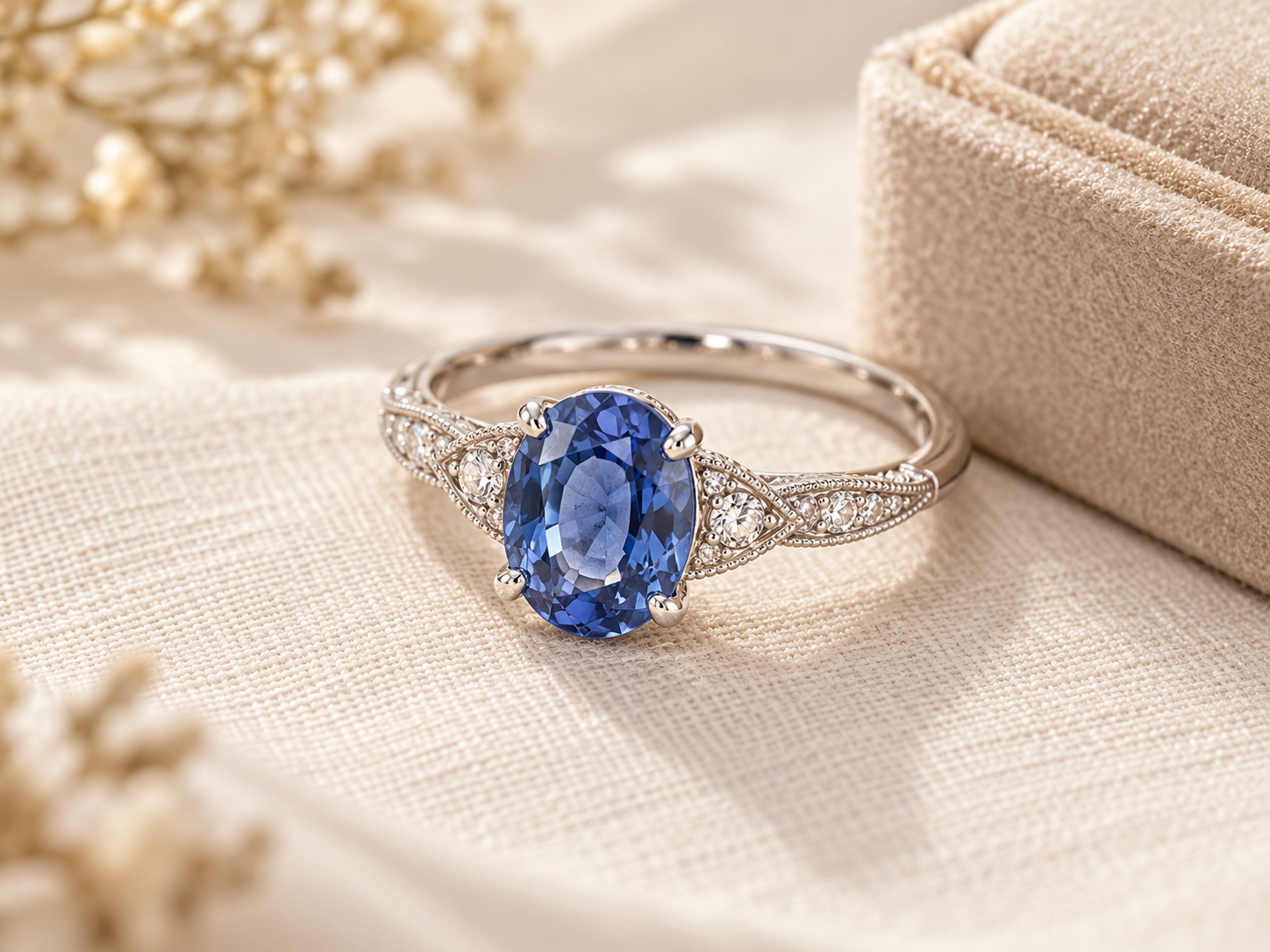Illustrative vintage-style white gold ring with a cornflower-blue sapphire