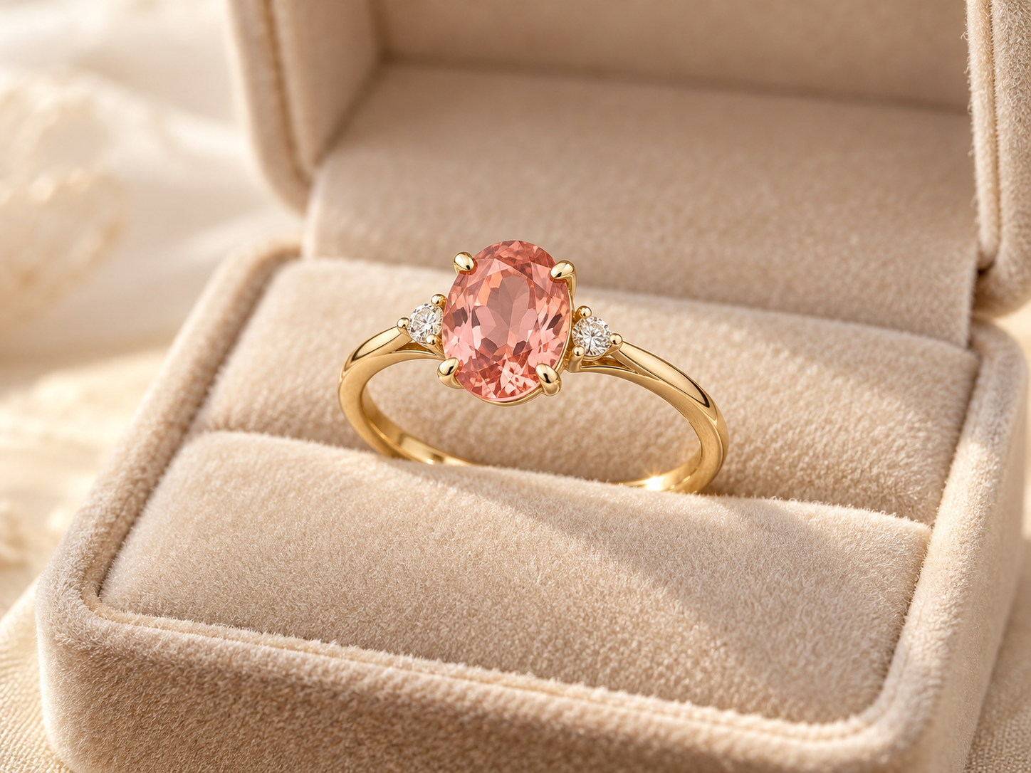 Illustrative peach-pink padparadscha sapphire engagement ring in a gold setting