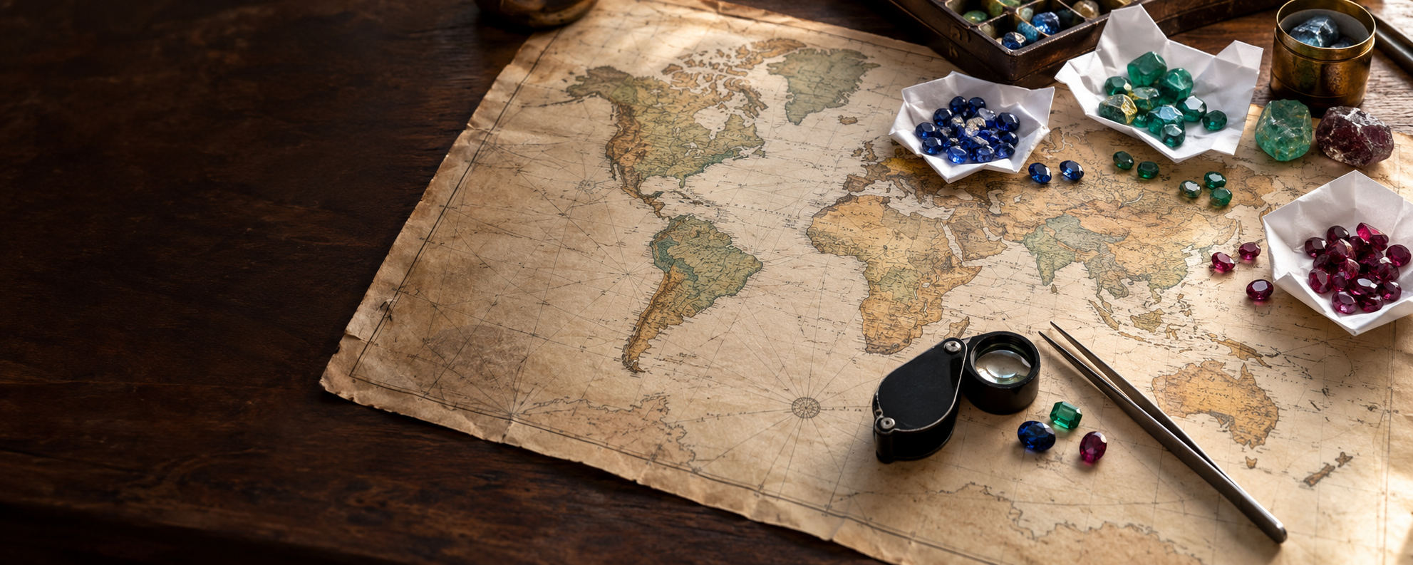 Gemstone parcels and jeweller's tools on a world map, illustrating international sourcing
