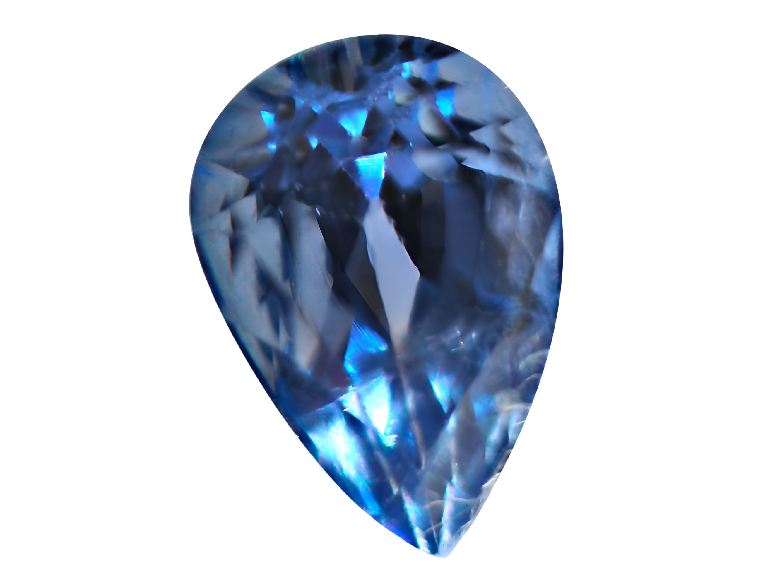 A photographed pear-cut cornflower-blue Yogo sapphire
