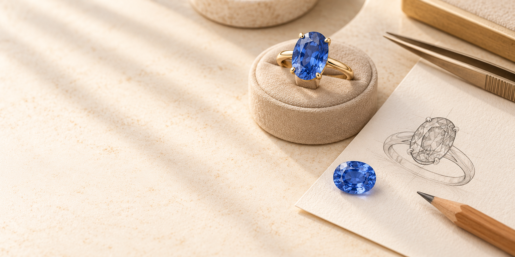 A bespoke blue sapphire ring with its pencil design sketch and jeweller's tools