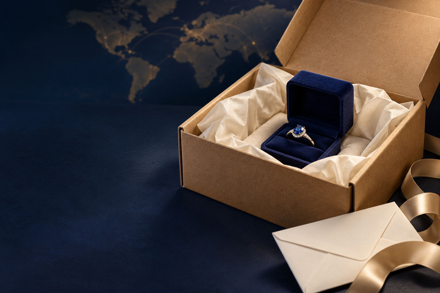 Sapphire ring in a navy jewelry box securely packed for worldwide shipping